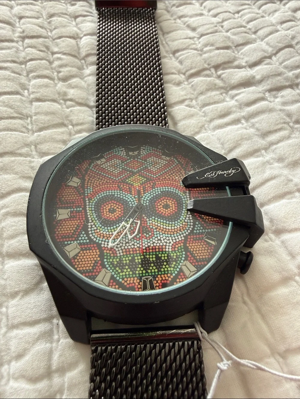 Ed Hardy Multicolor Skull Mosaic Mesh Strap Watch